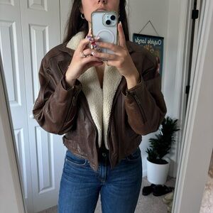 Vintage Brown Leather Bomber Jacket